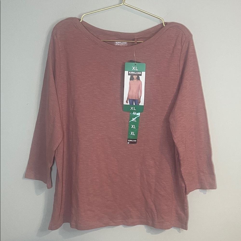 Kirkland Signature Women's Rose Mauve Salmon Boatneck 3/4 Length Sleeve Top